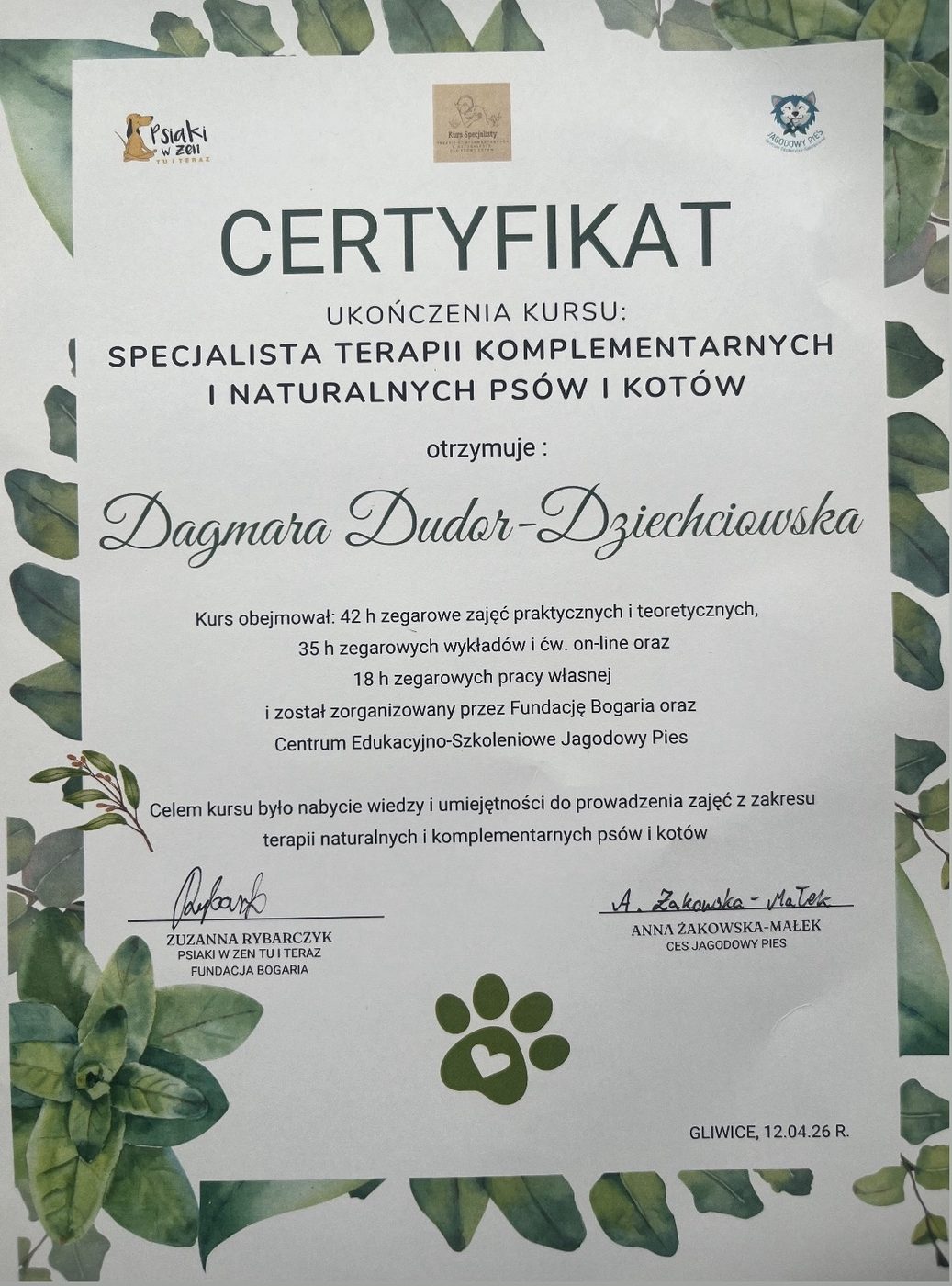 Specjalista terapii komplementarnych i naturalnych psów i kotów