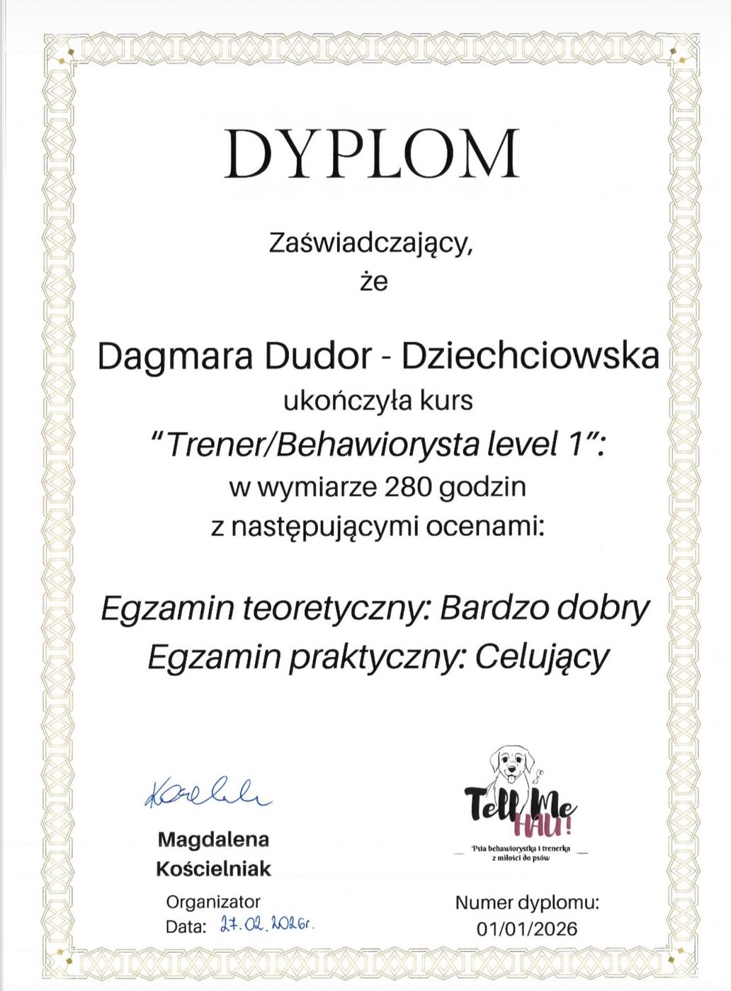 Dyplom Trener/Behawiorysta level 1
